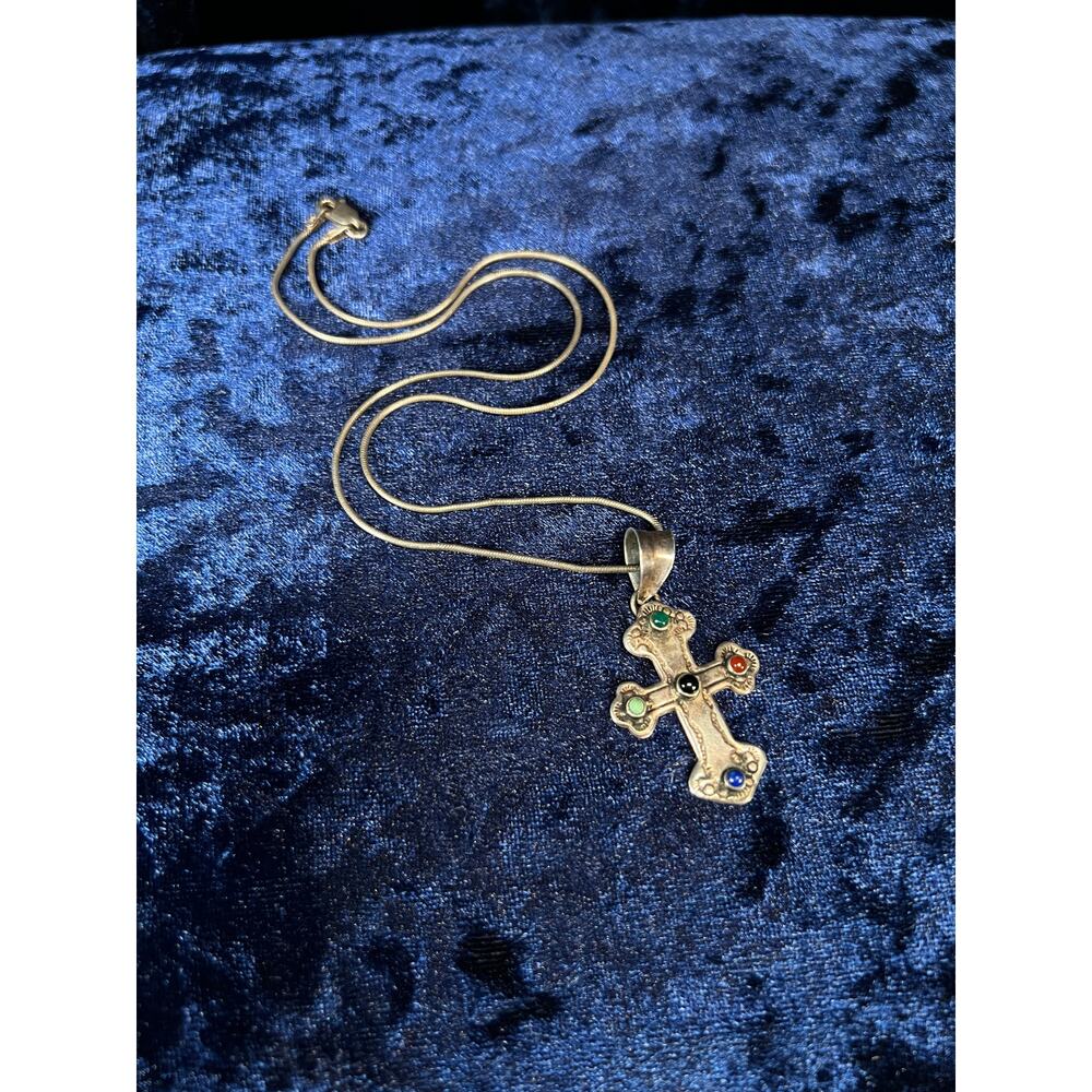VTG Sterling Silver Cross Necklace Multicolor Cabochon Stone Crucifix Pendant - Picture 2 of 7